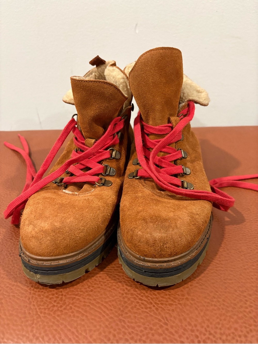 Suede Shearling-Lined Ankle Boots in Chestnut Brown with Red Laces - Picture 6 of 6